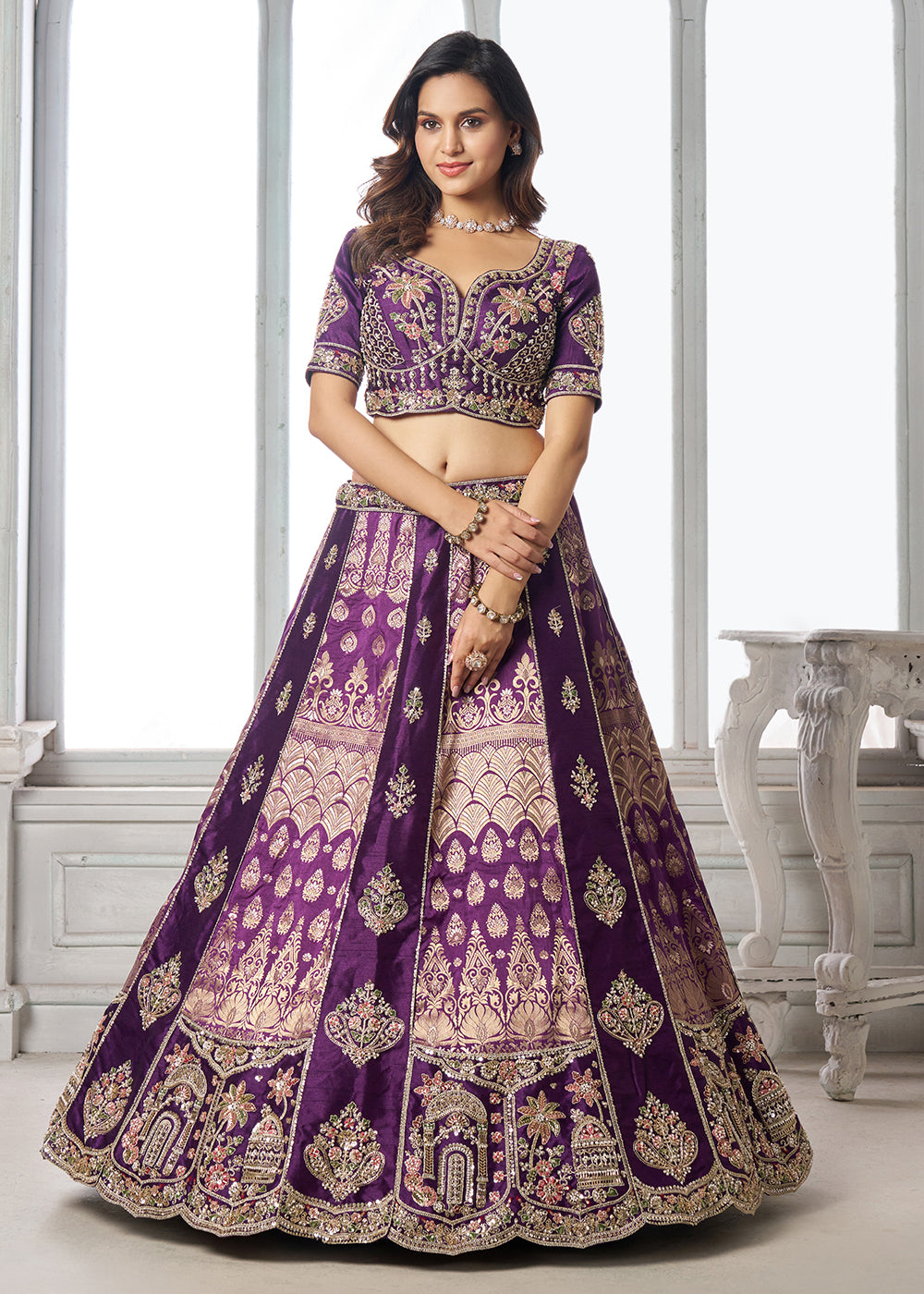 Buy Now Designer Purple Silk Lehenga with Intricate Embroidered Detailing Online in US, UK, Canada, France, Italy, Greece, Sweden, UAE &amp; Worldwide at Empress.