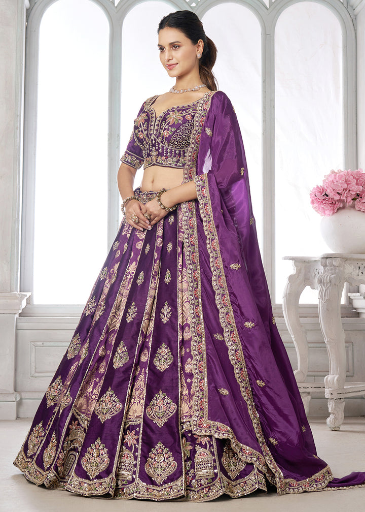 Buy Now Designer Purple Silk Lehenga with Intricate Embroidered Detailing Online in US, UK, Canada, France, Italy, Greece, Sweden, UAE &amp; Worldwide at Empress.