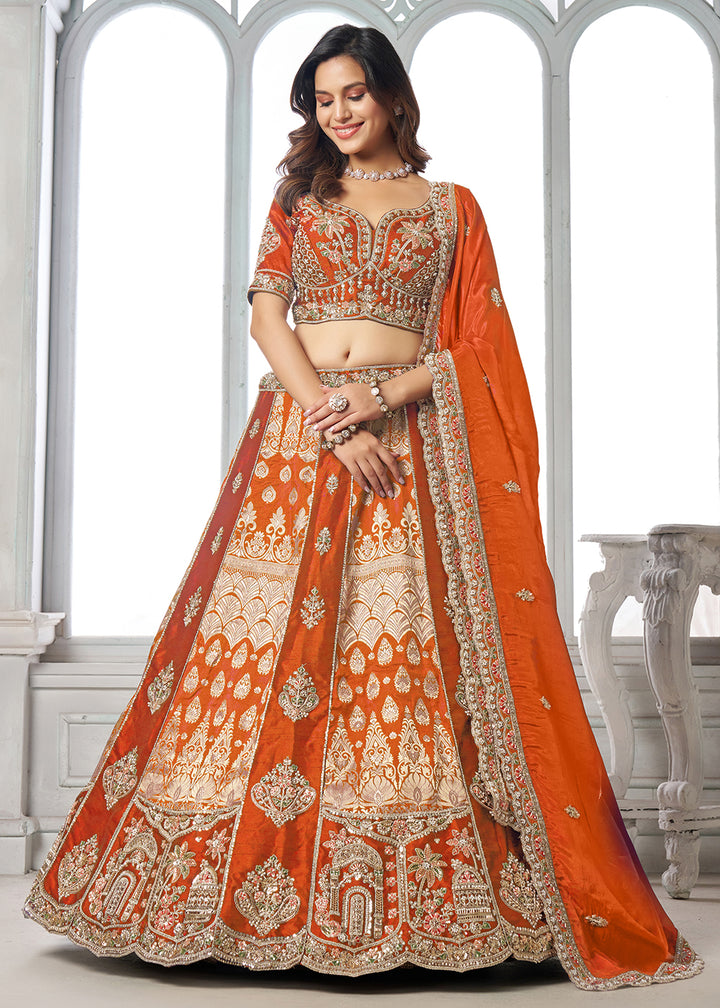 Buy Now Designer Orange Silk Lehenga with Intricate Embroidered Detailing Online in US, UK, Canada, France, Italy, Greece, Sweden, UAE &amp; Worldwide at Empress.