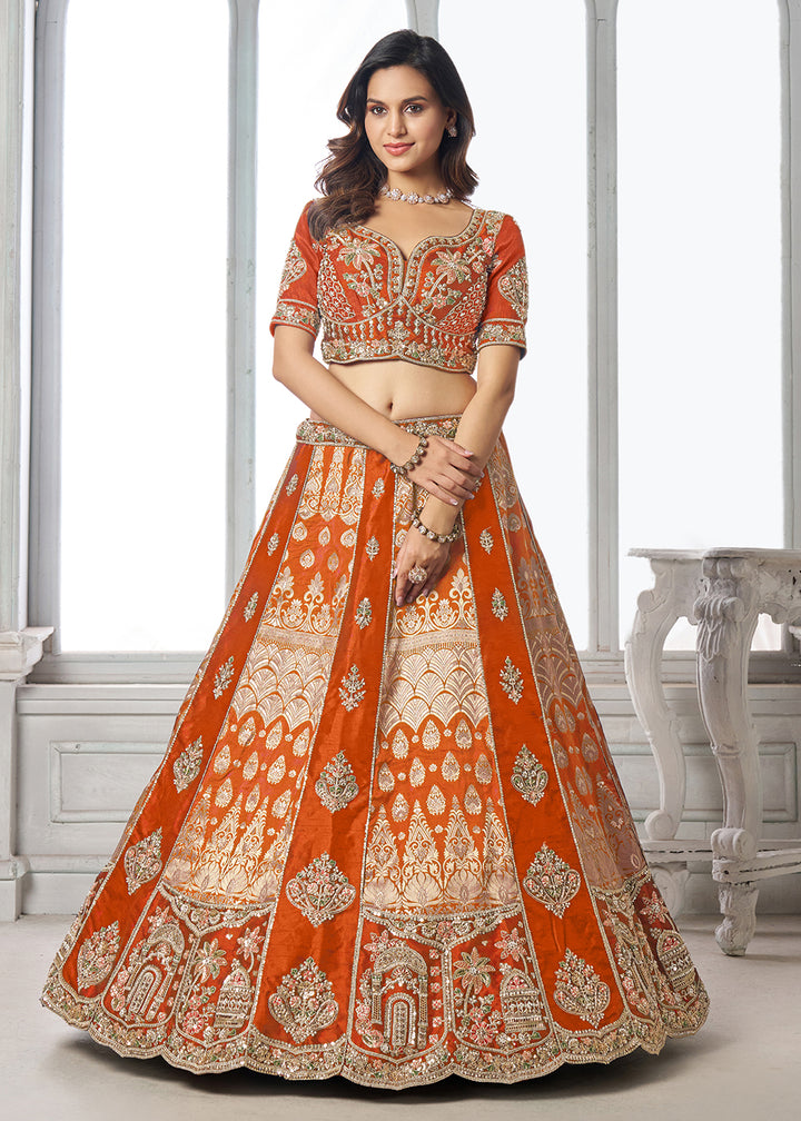 Buy Now Designer Orange Silk Lehenga with Intricate Embroidered Detailing Online in US, UK, Canada, France, Italy, Greece, Sweden, UAE &amp; Worldwide at Empress.