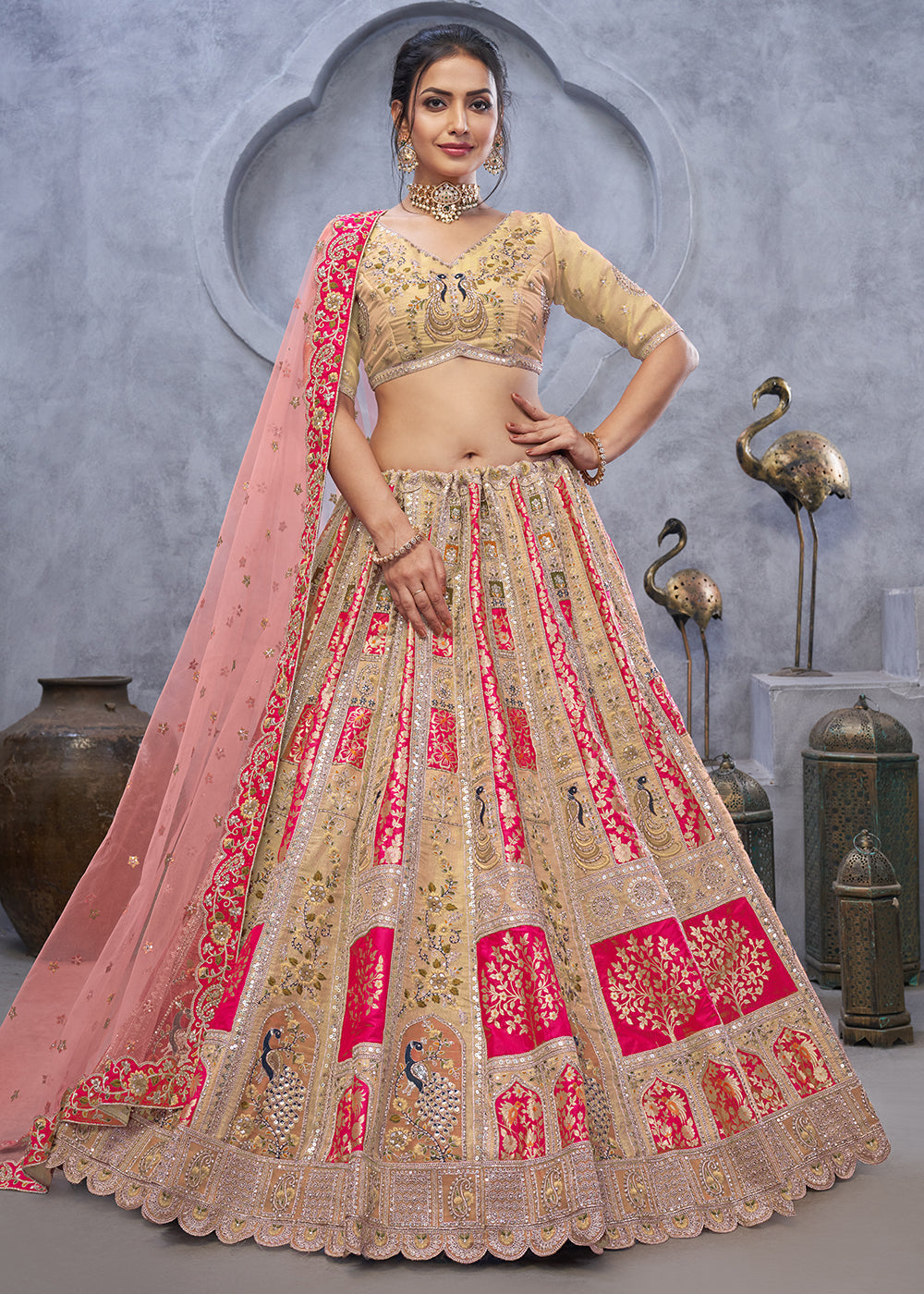 Buy Now Radiant Rani Beige Hand Embroidered Bridal Lehenga Choli Online in USA, UK, France, & Worldwide at Empress Clothing. 