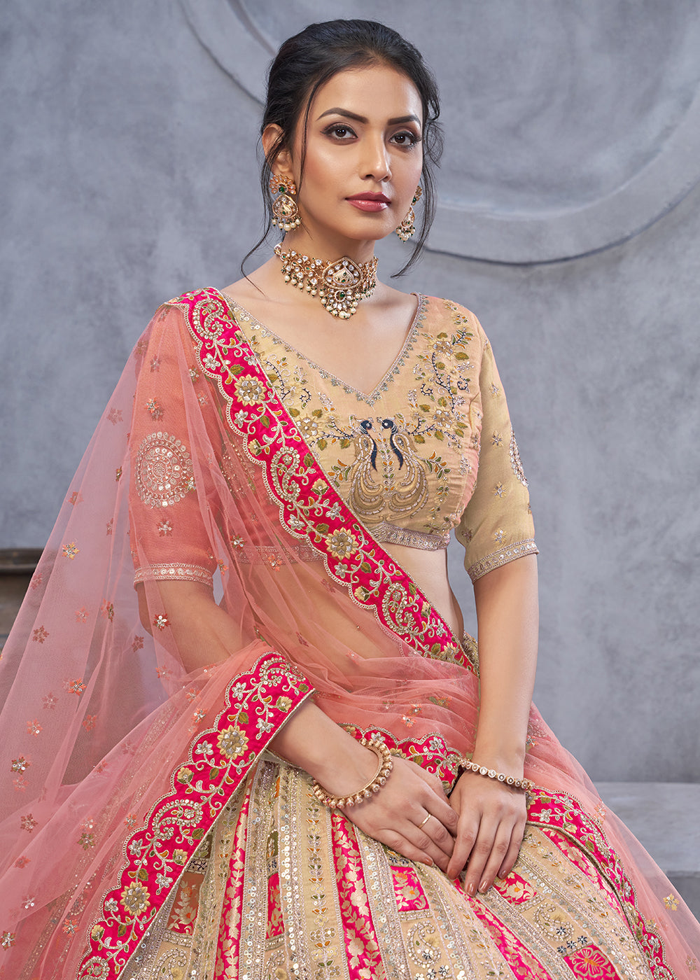 Buy Now Radiant Rani Beige Hand Embroidered Bridal Lehenga Choli Online in USA, UK, France, & Worldwide at Empress Clothing. 