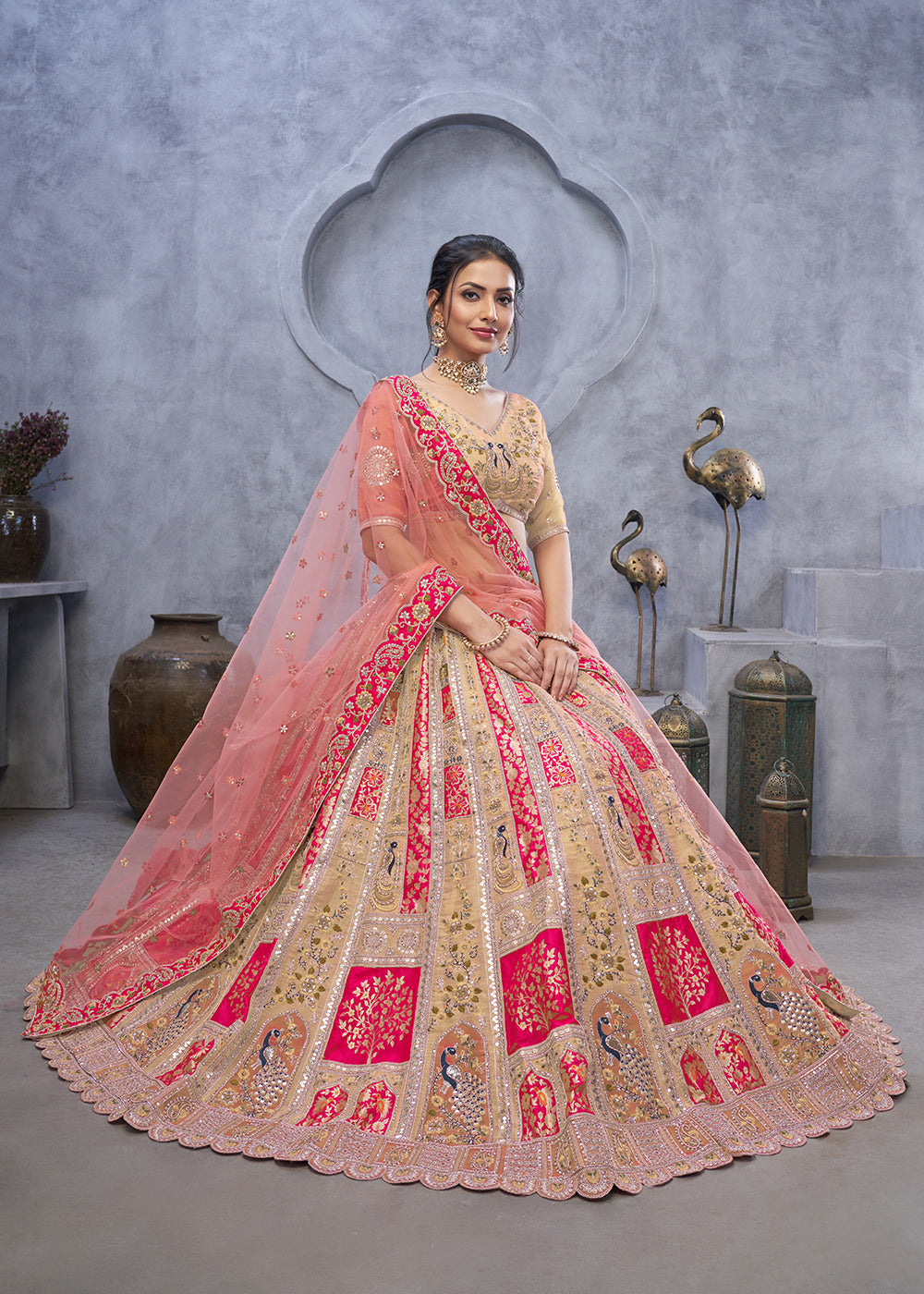 Buy Now Radiant Rani Beige Hand Embroidered Bridal Lehenga Choli Online in USA, UK, France, & Worldwide at Empress Clothing. 