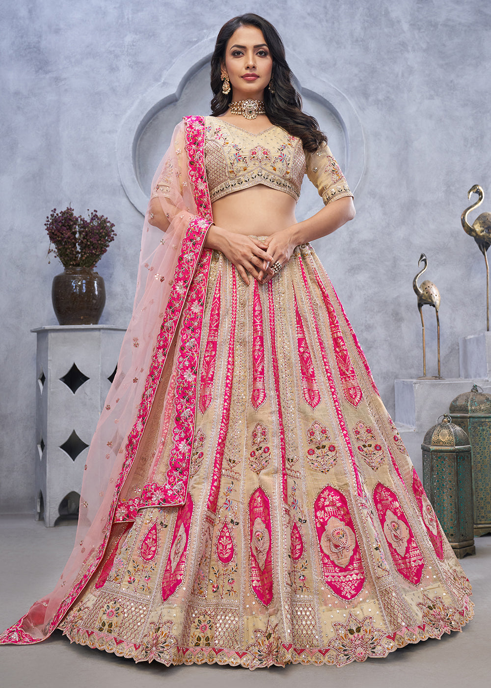 Buy Now Multi Beige Paisley Motifs Embroidered Wedding Lehenga Choli Online in USA, UK, France, UAE & Worldwide at Empress Clothing. 