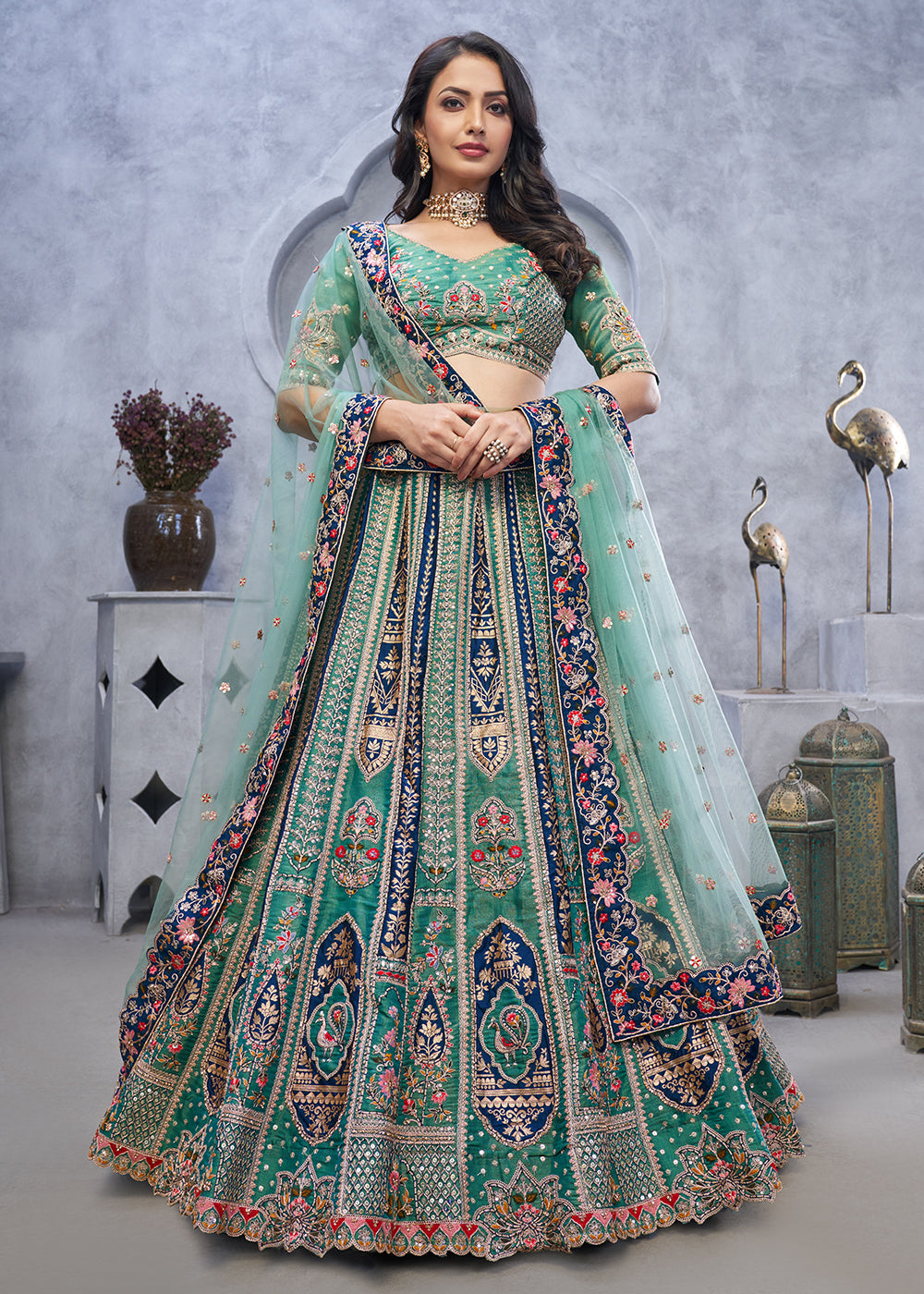 Buy Now Multi Green Paisley Motifs Embroidered Wedding Lehenga Choli Online in USA, UK, France, UAE & Worldwide at Empress Clothing.