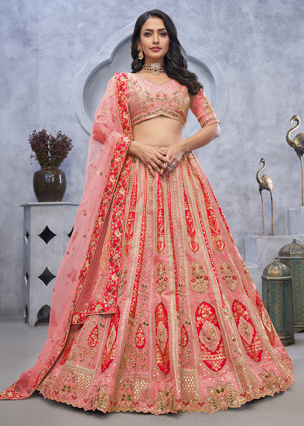 Buy Now Multi Pink Paisley Motifs Embroidered Wedding Lehenga Choli Online in USA, UK, France, UAE & Worldwide at Empress Clothing. 