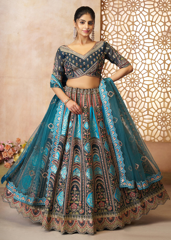 Buy Now Blue Banarasi Silk Aari Embroidered Bridal Lehenga Choli Online in USA, UK, Canada, France, Italy, Germany, Austria, UAE, Qatar & Worldwide at Empress.