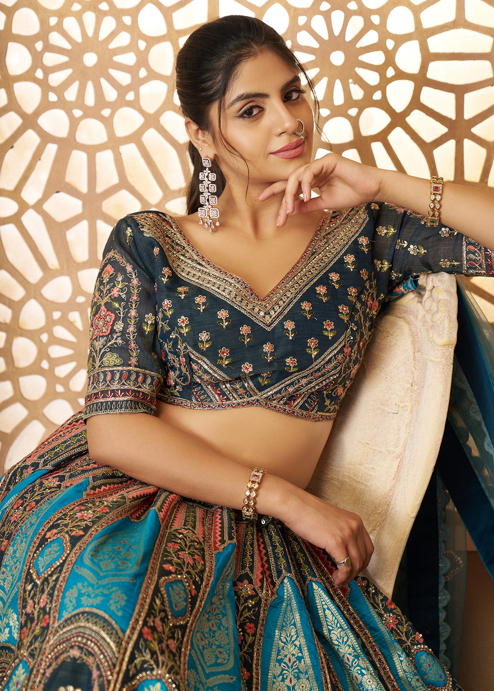 Buy Now Blue Banarasi Silk Aari Embroidered Bridal Lehenga Choli Online in USA, UK, Canada, France, Italy, Germany, Austria, UAE, Qatar & Worldwide at Empress.