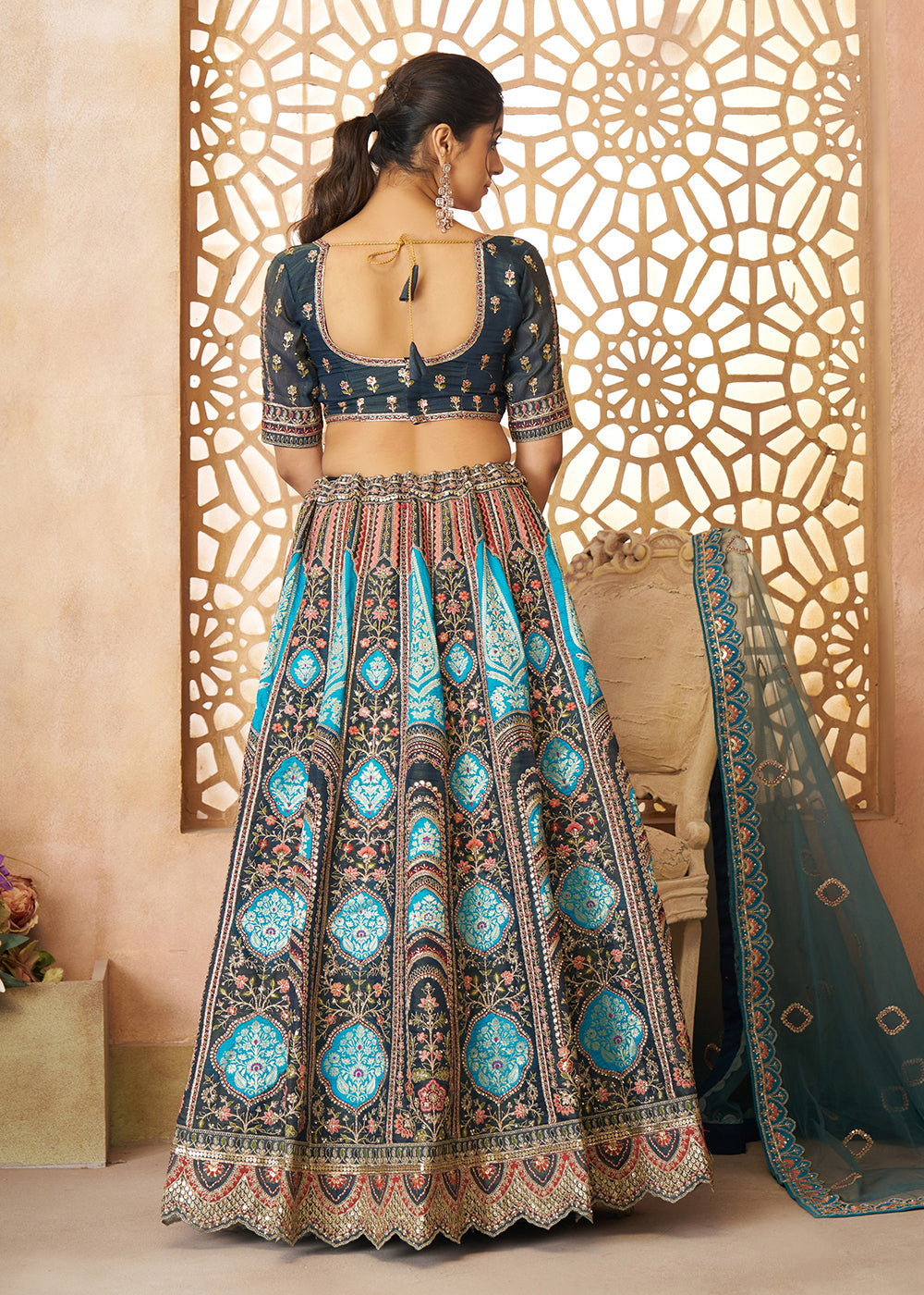 Buy Now Blue Banarasi Silk Aari Embroidered Bridal Lehenga Choli Online in USA, UK, Canada, France, Italy, Germany, Austria, UAE, Qatar & Worldwide at Empress.