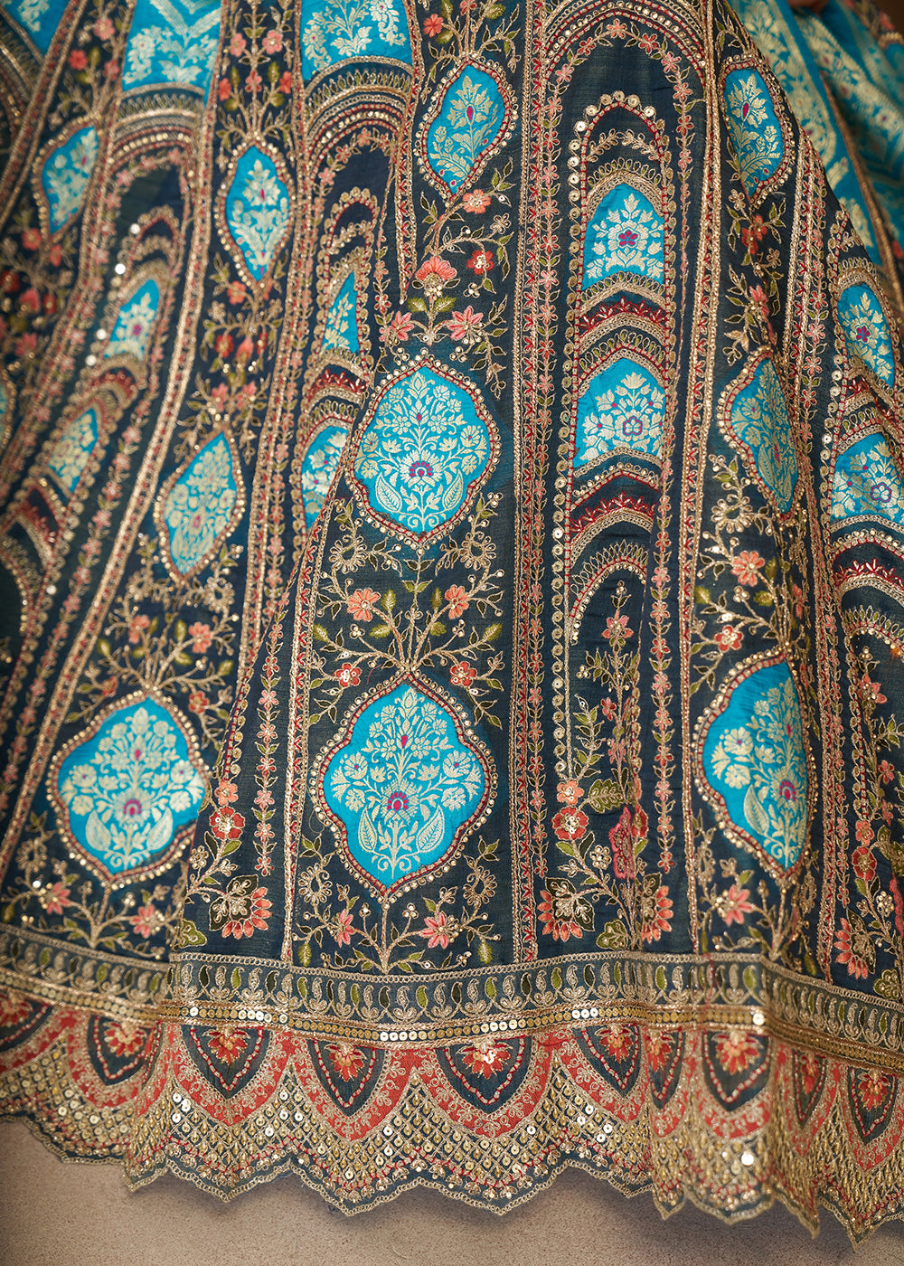 Buy Now Blue Banarasi Silk Aari Embroidered Bridal Lehenga Choli Online in USA, UK, Canada, France, Italy, Germany, Austria, UAE, Qatar & Worldwide at Empress.