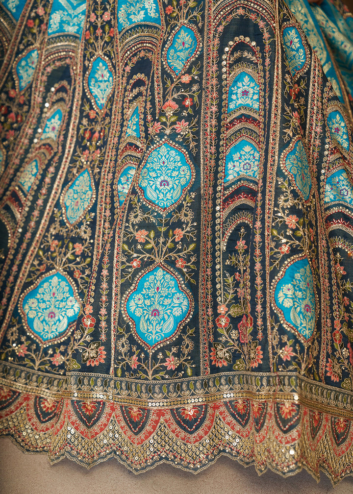 Buy Now Blue Banarasi Silk Aari Embroidered Bridal Lehenga Choli Online in USA, UK, Canada, France, Italy, Germany, Austria, UAE, Qatar & Worldwide at Empress.