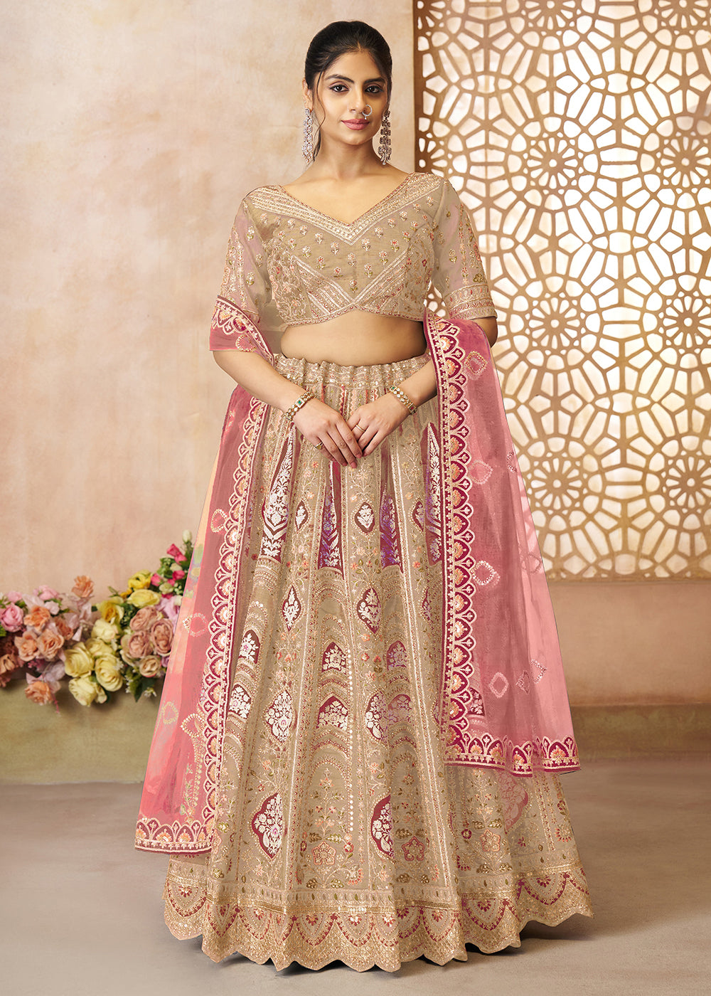 Buy Now Beige Banarasi Silk Aari Embroidered Bridal Lehenga Choli Online in USA, UK, Canada, France, Italy, Germany, Austria, UAE, Qatar & Worldwide at Empress.
