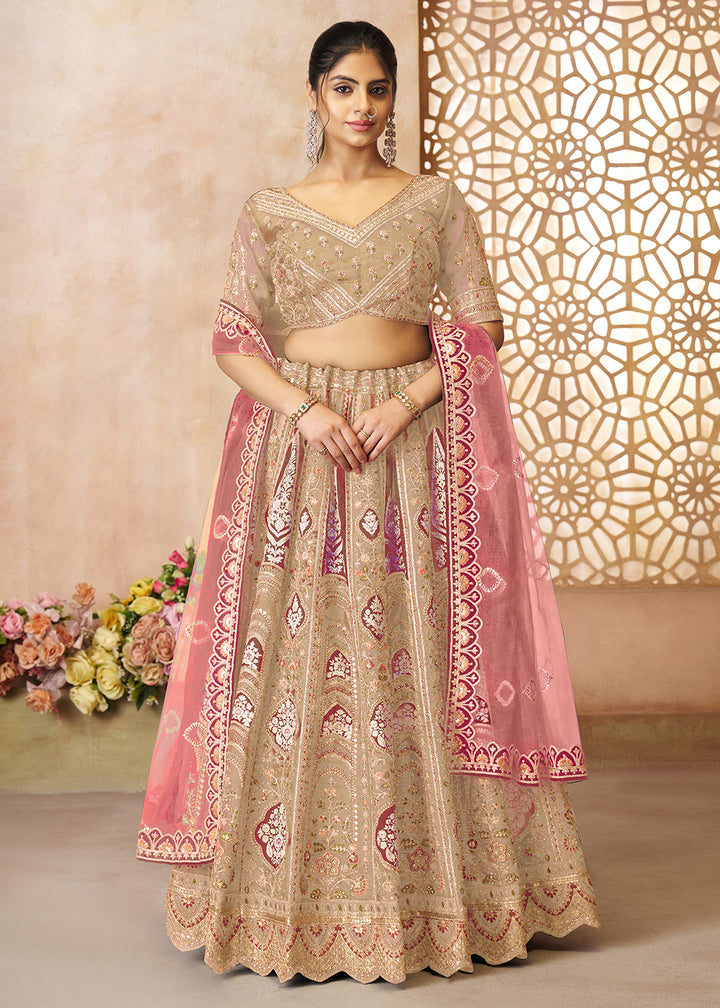 Buy Now Beige Banarasi Silk Aari Embroidered Bridal Lehenga Choli Online in USA, UK, Canada, France, Italy, Germany, Austria, UAE, Qatar & Worldwide at Empress.