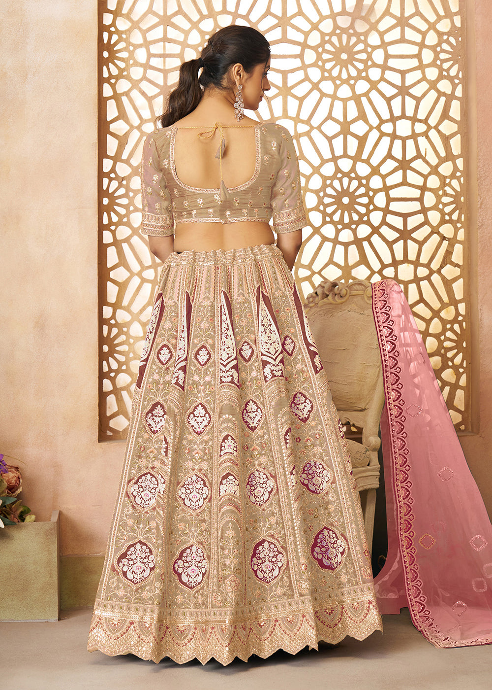 Buy Now Beige Banarasi Silk Aari Embroidered Bridal Lehenga Choli Online in USA, UK, Canada, France, Italy, Germany, Austria, UAE, Qatar & Worldwide at Empress.
