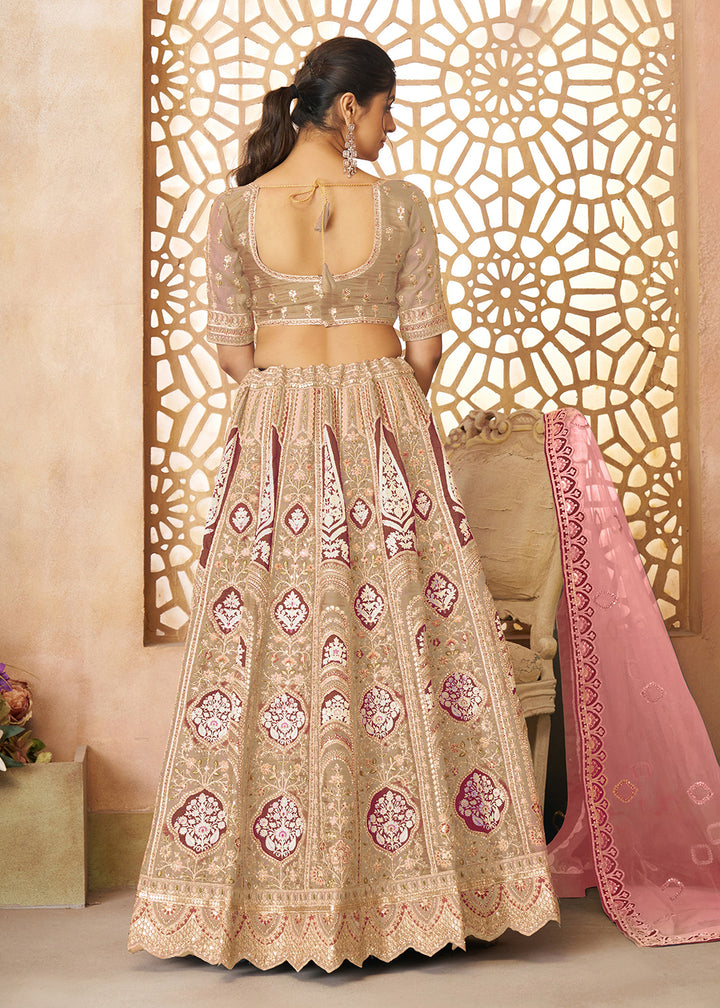 Buy Now Beige Banarasi Silk Aari Embroidered Bridal Lehenga Choli Online in USA, UK, Canada, France, Italy, Germany, Austria, UAE, Qatar & Worldwide at Empress.