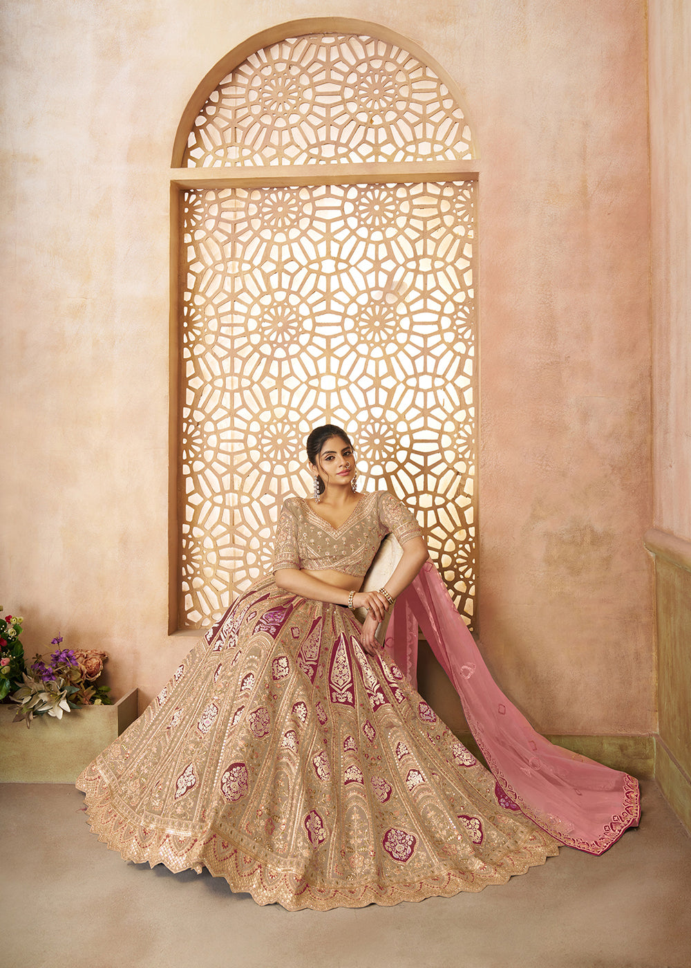 Buy Now Beige Banarasi Silk Aari Embroidered Bridal Lehenga Choli Online in USA, UK, Canada, France, Italy, Germany, Austria, UAE, Qatar & Worldwide at Empress.