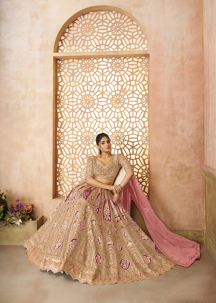 Buy Now Beige Banarasi Silk Aari Embroidered Bridal Lehenga Choli Online in USA, UK, Canada, France, Italy, Germany, Austria, UAE, Qatar & Worldwide at Empress.