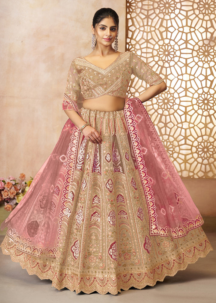 Buy Now Beige Banarasi Silk Aari Embroidered Bridal Lehenga Choli Online in USA, UK, Canada, France, Italy, Germany, Austria, UAE, Qatar & Worldwide at Empress.