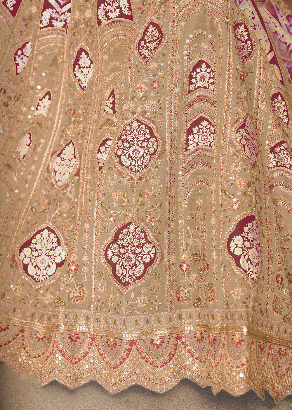 Buy Now Beige Banarasi Silk Aari Embroidered Bridal Lehenga Choli Online in USA, UK, Canada, France, Italy, Germany, Austria, UAE, Qatar & Worldwide at Empress.