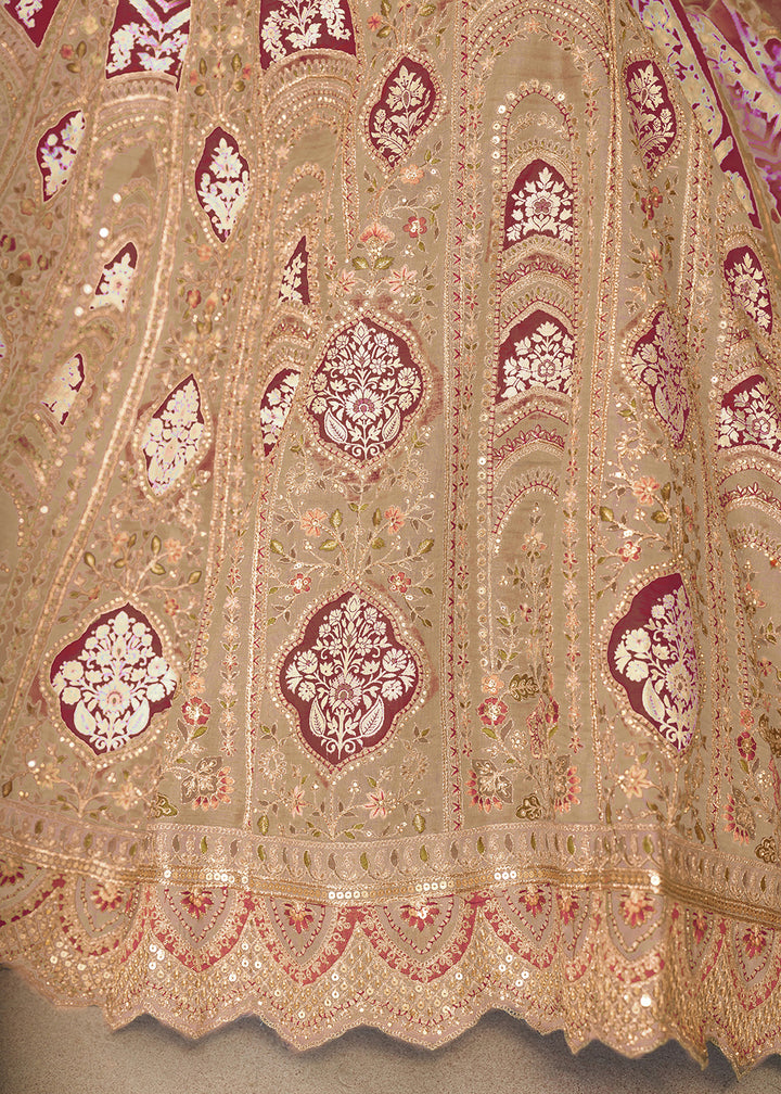 Buy Now Beige Banarasi Silk Aari Embroidered Bridal Lehenga Choli Online in USA, UK, Canada, France, Italy, Germany, Austria, UAE, Qatar & Worldwide at Empress.