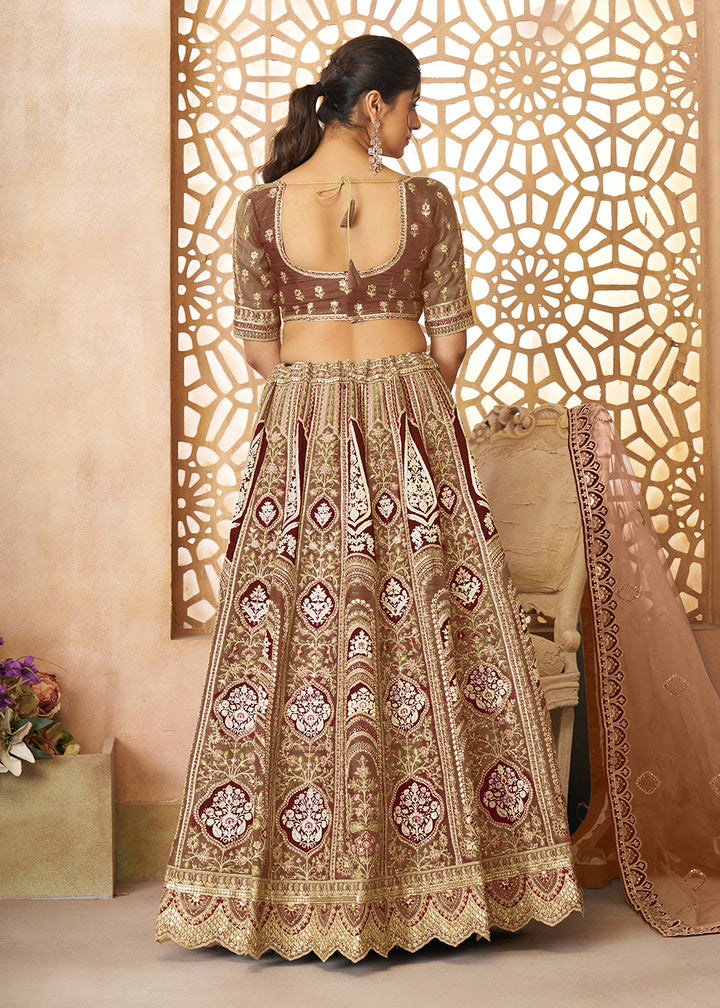 Buy Now Brown Banarasi Silk Aari Embroidered Bridal Lehenga Choli Online in USA, UK, Canada, France, Italy, Germany, Austria, UAE, Qatar & Worldwide at Empress.
