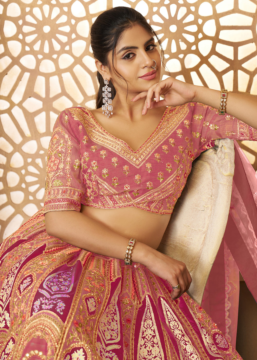 Buy Now Pink Banarasi Silk Aari Embroidered Bridal Lehenga Choli Online in USA, UK, Canada, France, Italy, Germany, Austria, UAE, Qatar & Worldwide at Empress.