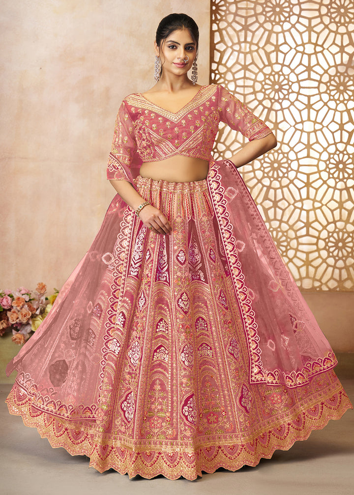 Buy Now Pink Banarasi Silk Aari Embroidered Bridal Lehenga Choli Online in USA, UK, Canada, France, Italy, Germany, Austria, UAE, Qatar & Worldwide at Empress.