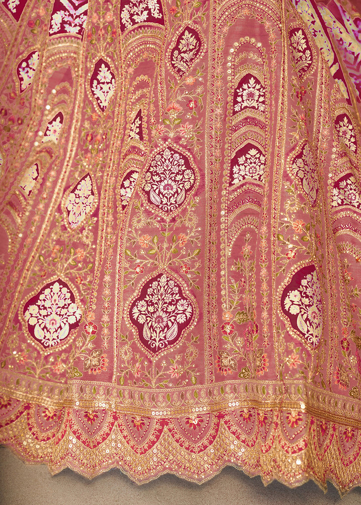 Buy Now Pink Banarasi Silk Aari Embroidered Bridal Lehenga Choli Online in USA, UK, Canada, France, Italy, Germany, Austria, UAE, Qatar & Worldwide at Empress.