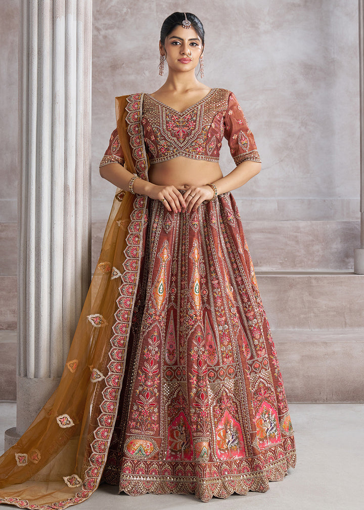 Buy Now Banarasi Silk Mocha Aari Embroidered Bridal Lehenga Choli Online in USA, UK, Canada, France, Italy, Germany, Austria, UAE, Qatar & Worldwide at Empress.