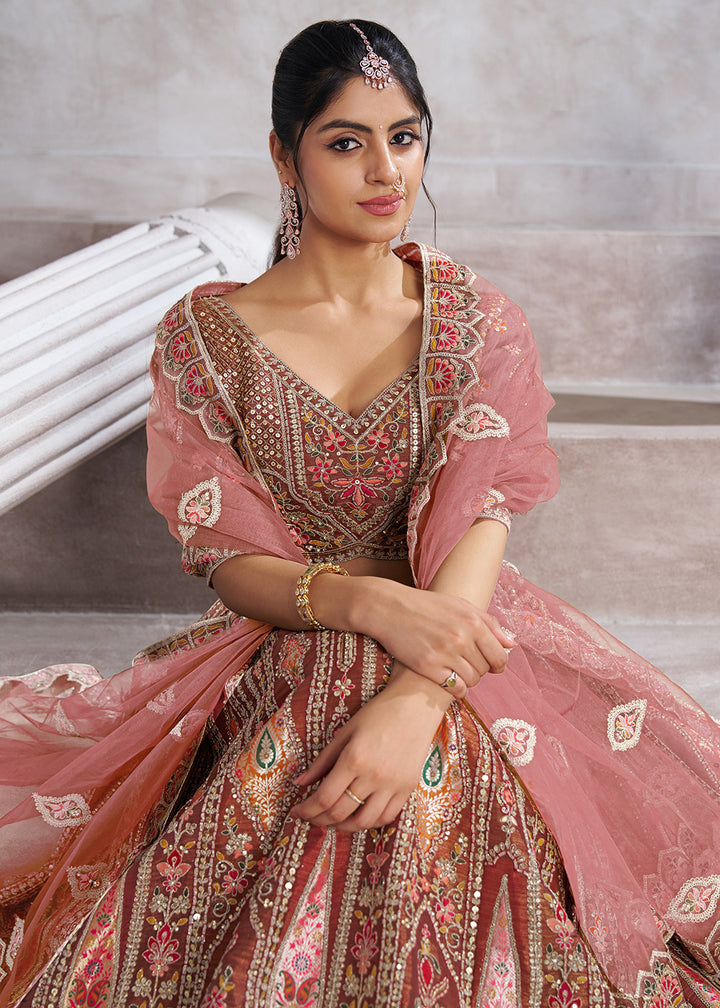 Buy Now Banarasi Silk Mocha Aari Embroidered Bridal Lehenga Choli Online in USA, UK, Canada, France, Italy, Germany, Austria, UAE, Qatar & Worldwide at Empress.
