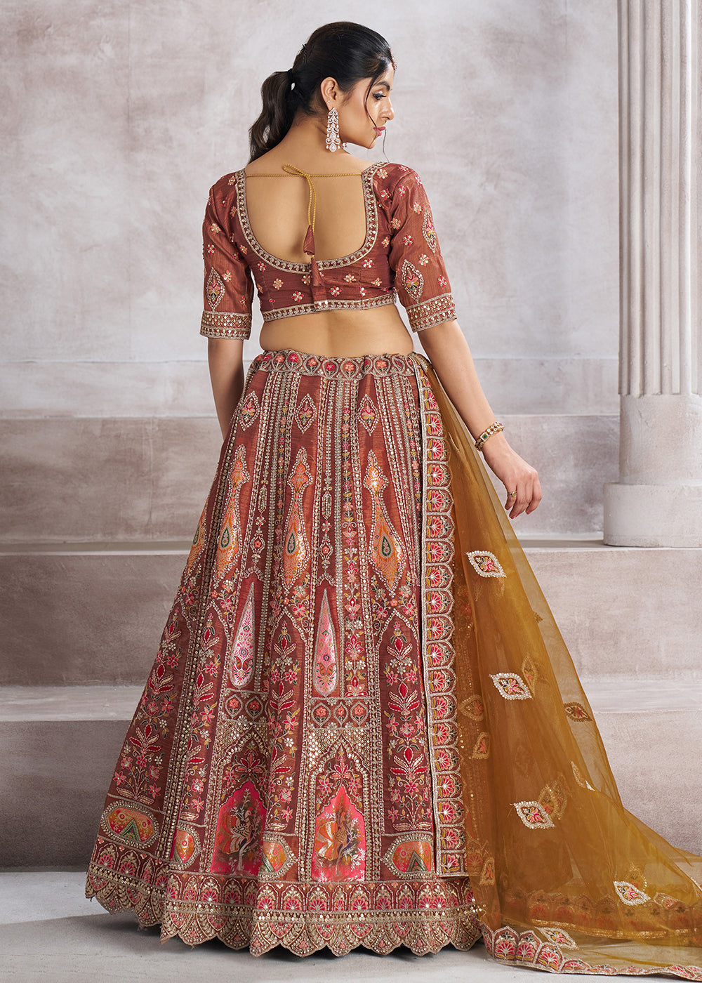 Buy Now Banarasi Silk Mocha Aari Embroidered Bridal Lehenga Choli Online in USA, UK, Canada, France, Italy, Germany, Austria, UAE, Qatar & Worldwide at Empress.