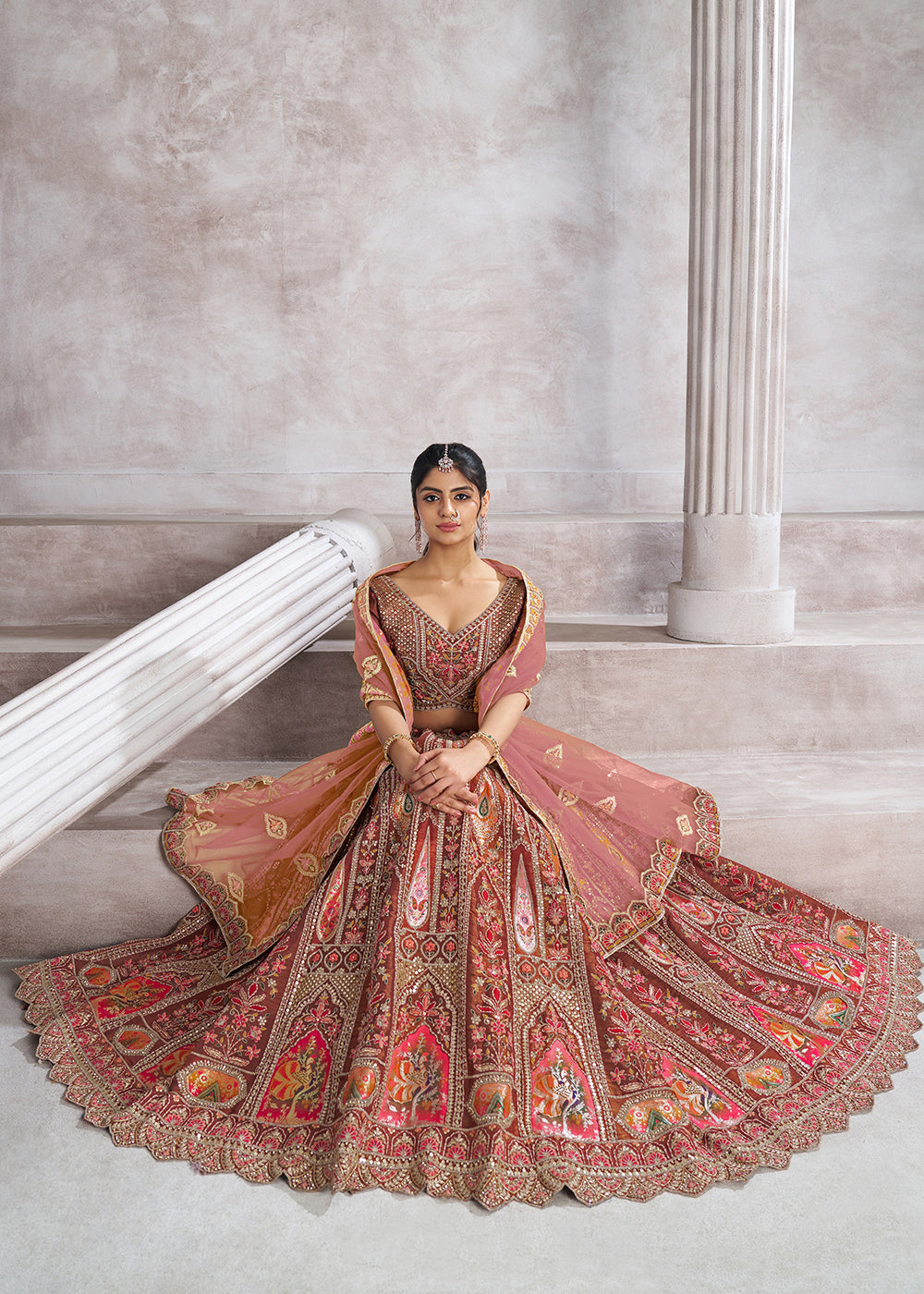 Buy Now Banarasi Silk Mocha Aari Embroidered Bridal Lehenga Choli Online in USA, UK, Canada, France, Italy, Germany, Austria, UAE, Qatar & Worldwide at Empress.