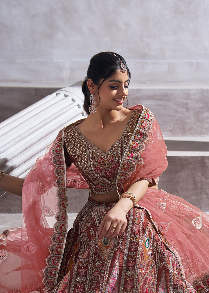 Buy Now Banarasi Silk Mocha Aari Embroidered Bridal Lehenga Choli Online in USA, UK, Canada, France, Italy, Germany, Austria, UAE, Qatar & Worldwide at Empress.