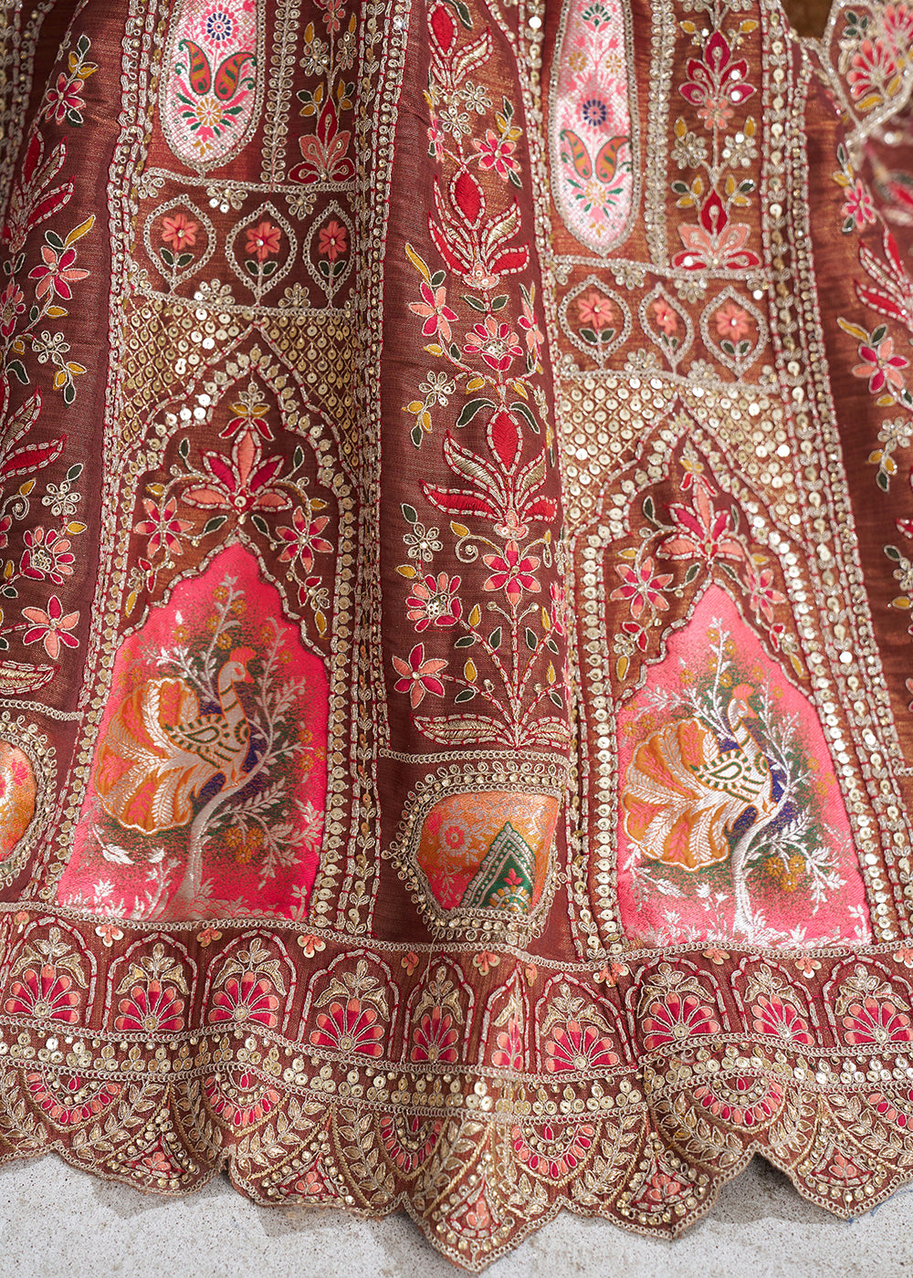 Buy Now Banarasi Silk Mocha Aari Embroidered Bridal Lehenga Choli Online in USA, UK, Canada, France, Italy, Germany, Austria, UAE, Qatar & Worldwide at Empress.