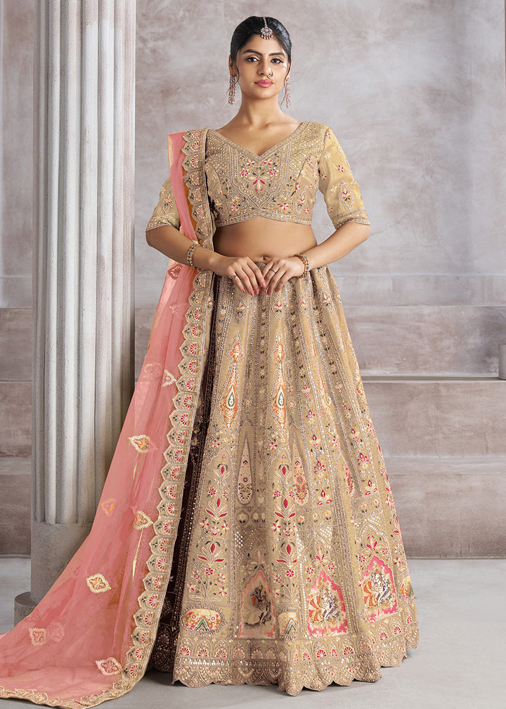 Buy Now Banarasi Silk Beige Aari Embroidered Bridal Lehenga Choli Online in USA, UK, Canada, France, Italy, Germany, Austria, UAE, Qatar & Worldwide at Empress.