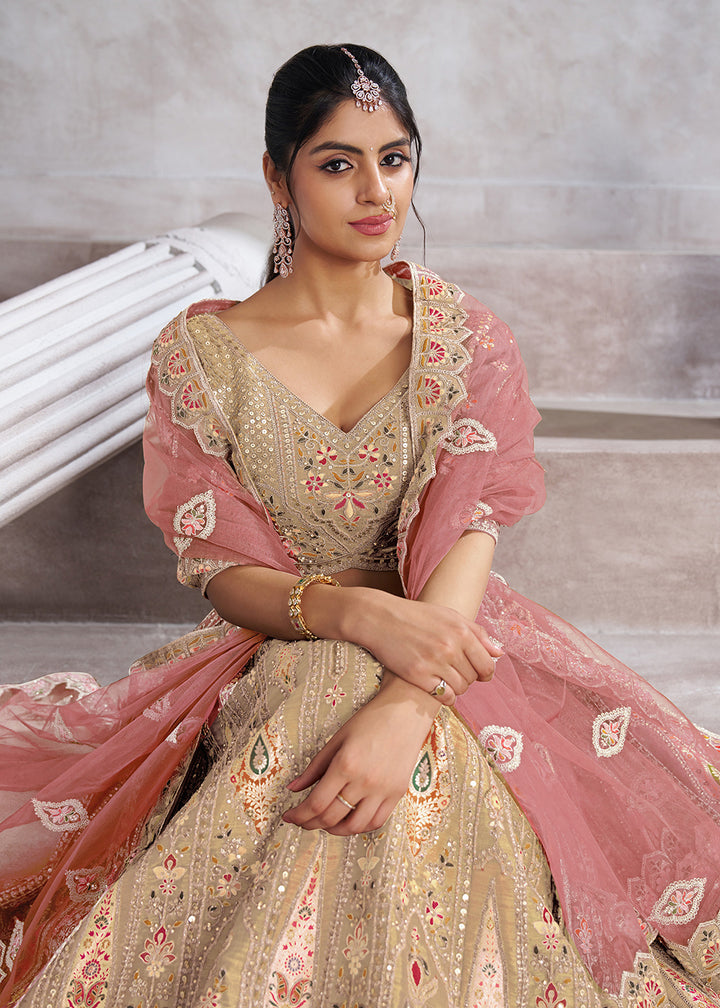Buy Now Banarasi Silk Beige Aari Embroidered Bridal Lehenga Choli Online in USA, UK, Canada, France, Italy, Germany, Austria, UAE, Qatar & Worldwide at Empress.