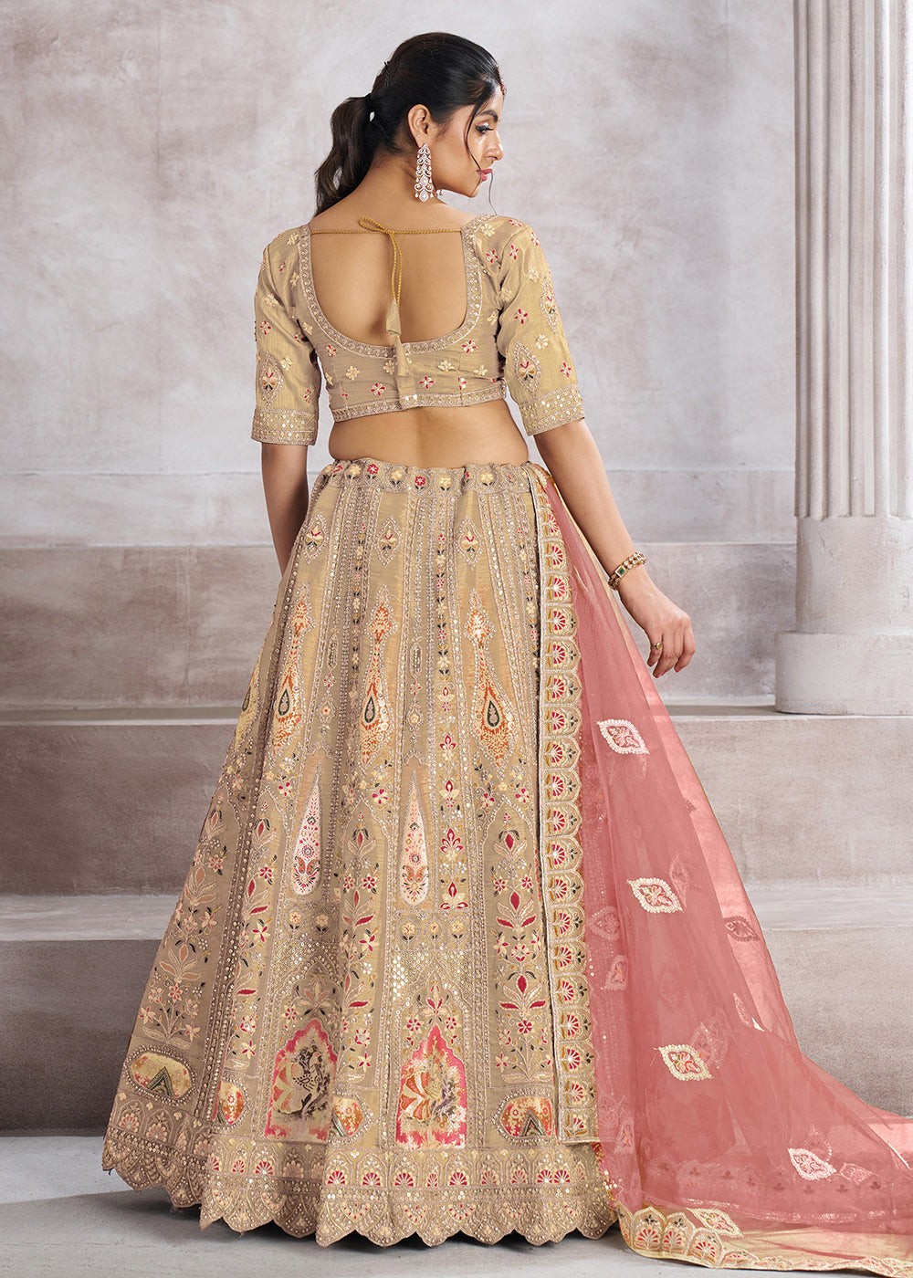 Buy Now Banarasi Silk Beige Aari Embroidered Bridal Lehenga Choli Online in USA, UK, Canada, France, Italy, Germany, Austria, UAE, Qatar & Worldwide at Empress.