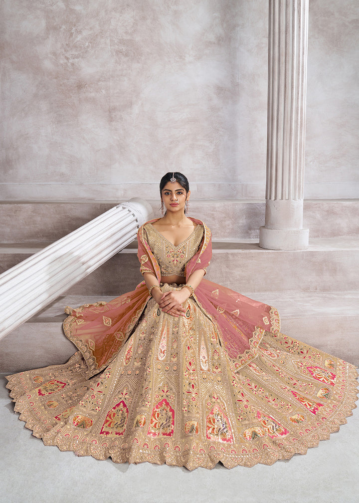 Buy Now Banarasi Silk Beige Aari Embroidered Bridal Lehenga Choli Online in USA, UK, Canada, France, Italy, Germany, Austria, UAE, Qatar & Worldwide at Empress.