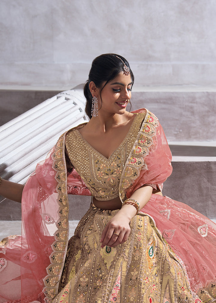 Buy Now Banarasi Silk Beige Aari Embroidered Bridal Lehenga Choli Online in USA, UK, Canada, France, Italy, Germany, Austria, UAE, Qatar & Worldwide at Empress.