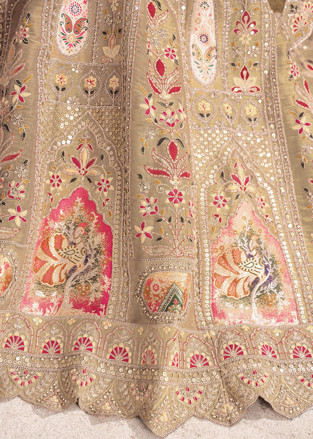 Buy Now Banarasi Silk Beige Aari Embroidered Bridal Lehenga Choli Online in USA, UK, Canada, France, Italy, Germany, Austria, UAE, Qatar & Worldwide at Empress.