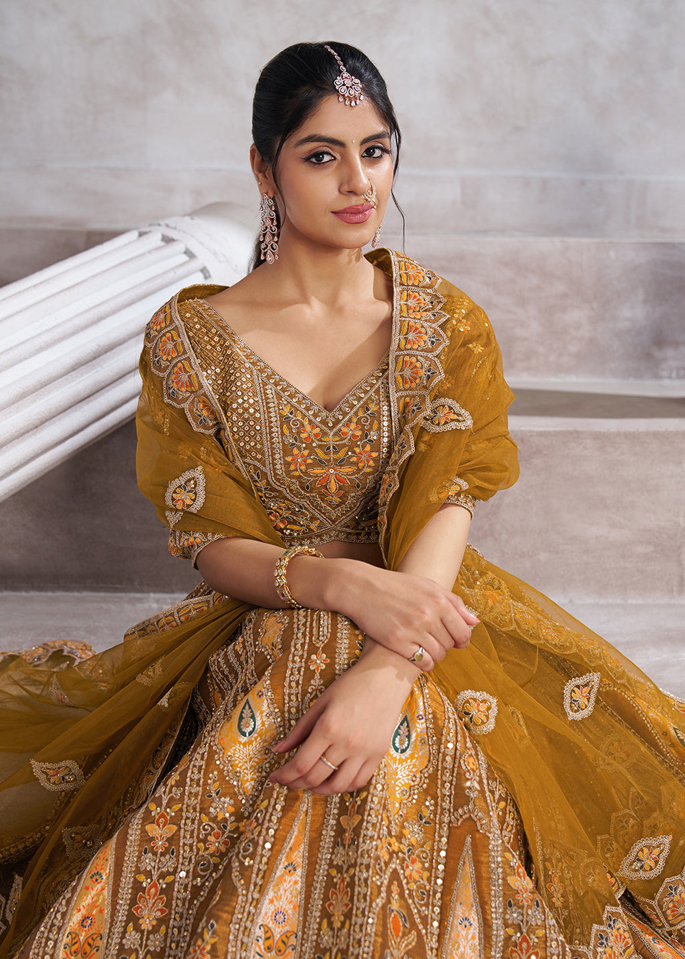 Buy Now Banarasi Silk Mustard Aari Embroidered Bridal Lehenga Choli Online in USA, UK, Canada, France, Italy, Germany, Austria, UAE & Worldwide at Empress.