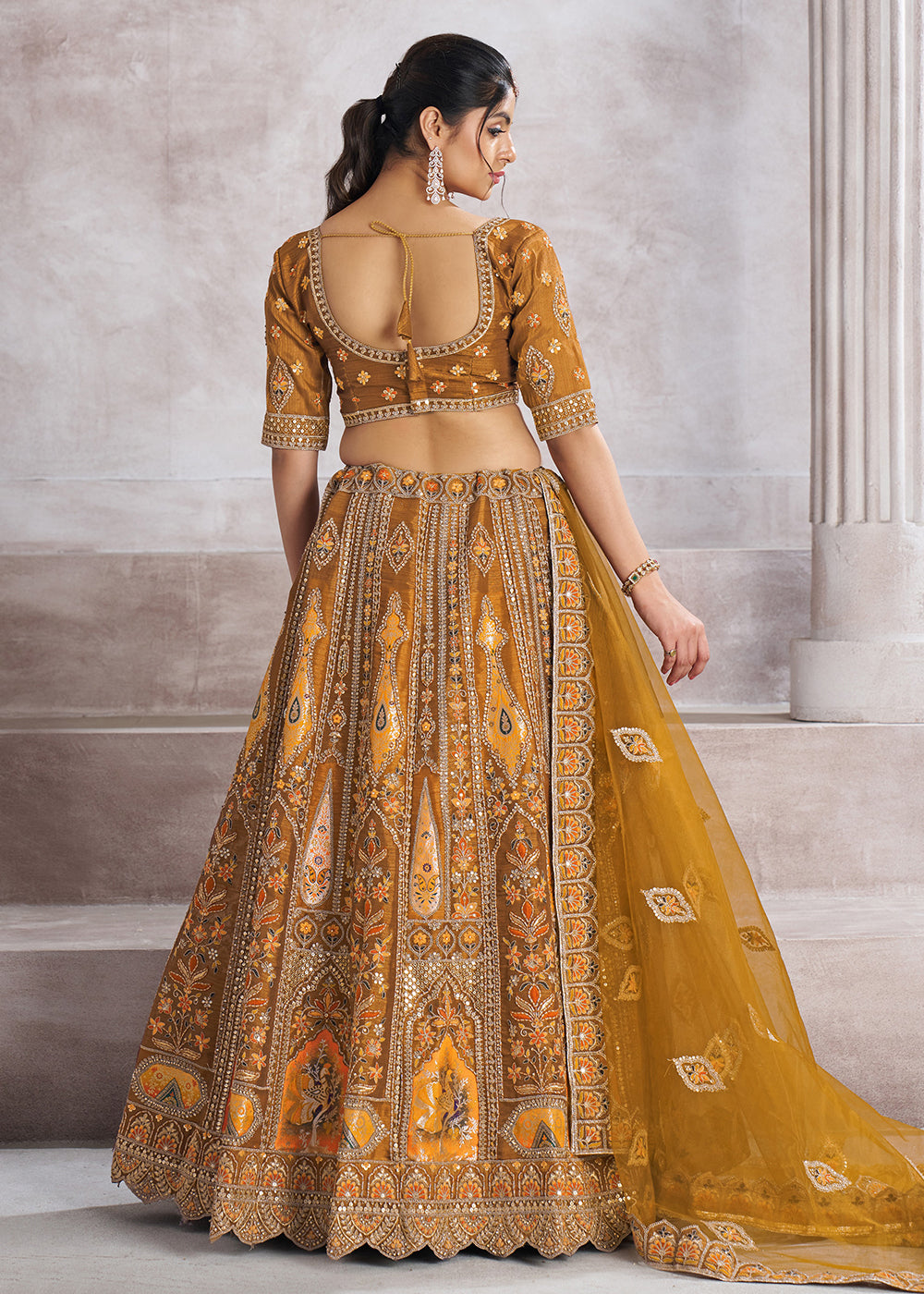 Buy Now Banarasi Silk Mustard Aari Embroidered Bridal Lehenga Choli Online in USA, UK, Canada, France, Italy, Germany, Austria, UAE & Worldwide at Empress.