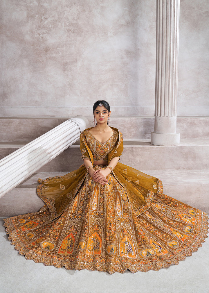 Buy Now Banarasi Silk Mustard Aari Embroidered Bridal Lehenga Choli Online in USA, UK, Canada, France, Italy, Germany, Austria, UAE & Worldwide at Empress.