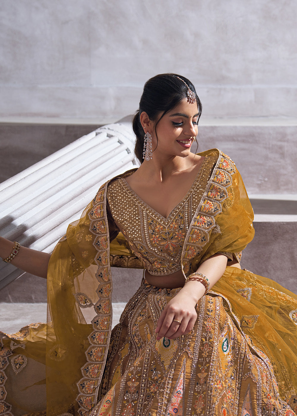 Buy Now Banarasi Silk Mustard Aari Embroidered Bridal Lehenga Choli Online in USA, UK, Canada, France, Italy, Germany, Austria, UAE & Worldwide at Empress.