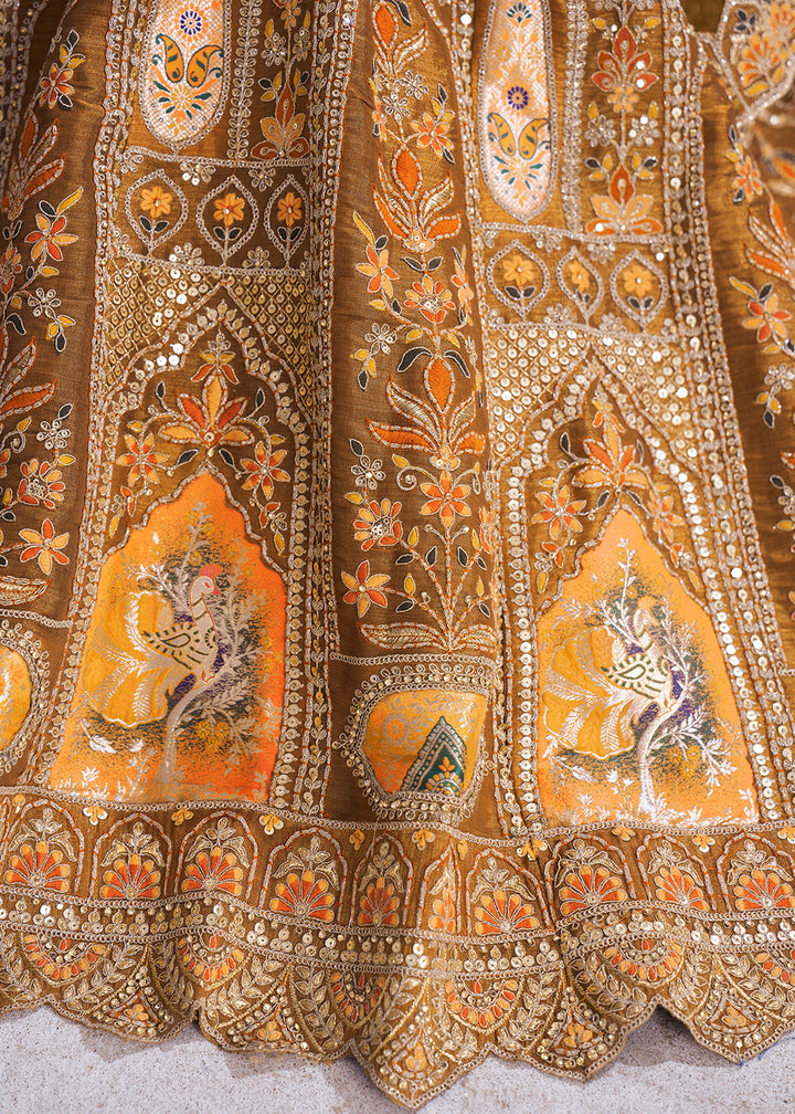 Buy Now Banarasi Silk Mustard Aari Embroidered Bridal Lehenga Choli Online in USA, UK, Canada, France, Italy, Germany, Austria, UAE & Worldwide at Empress.