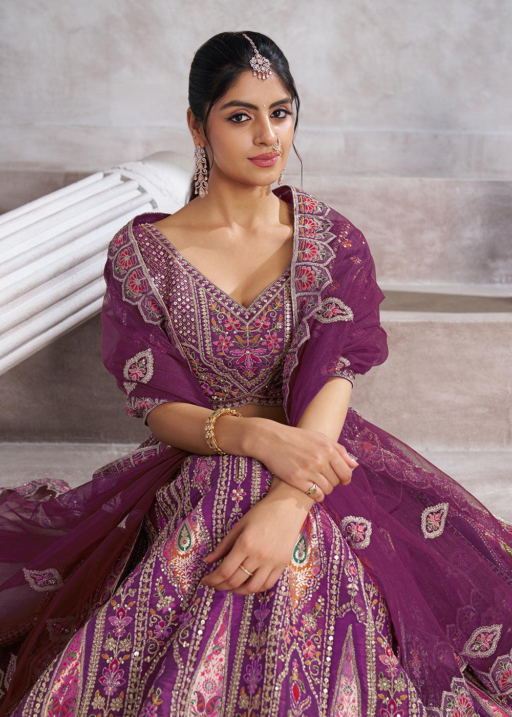 Buy Now Banarasi Silk Purple Aari Embroidered Bridal Lehenga Choli Online in USA, UK, Canada, France, Italy, Germany, Austria, UAE & Worldwide at Empress.