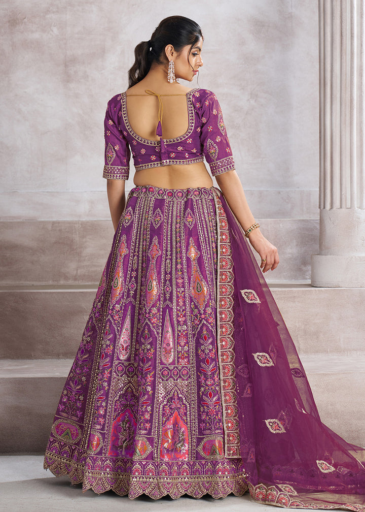 Buy Now Banarasi Silk Purple Aari Embroidered Bridal Lehenga Choli Online in USA, UK, Canada, France, Italy, Germany, Austria, UAE & Worldwide at Empress.
