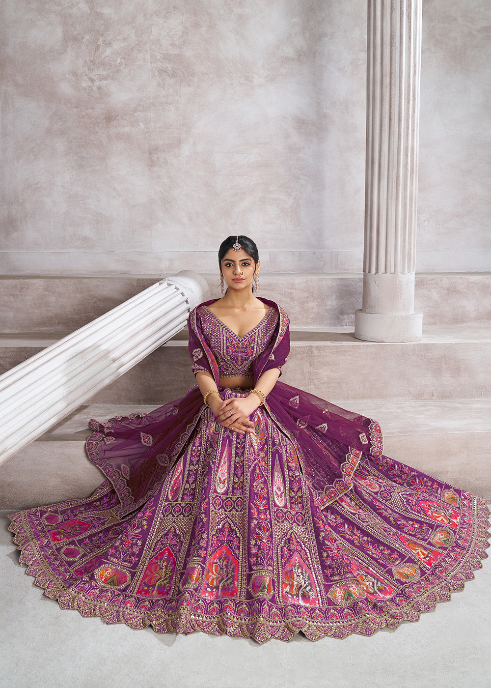 Buy Now Banarasi Silk Purple Aari Embroidered Bridal Lehenga Choli Online in USA, UK, Canada, France, Italy, Germany, Austria, UAE & Worldwide at Empress.