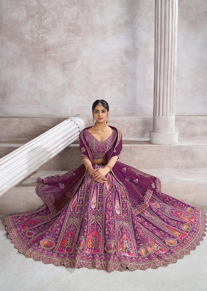 Buy Now Banarasi Silk Purple Aari Embroidered Bridal Lehenga Choli Online in USA, UK, Canada, France, Italy, Germany, Austria, UAE & Worldwide at Empress.
