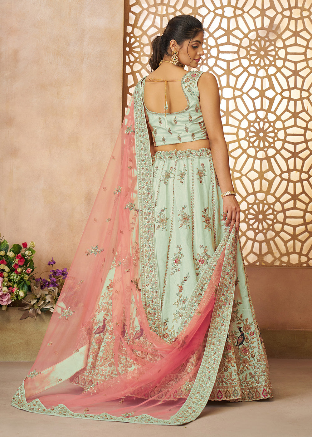 Buy Now Beautiful Green Zari Silk Embroidered Wedding Lehenga Choli Online in USA, UK, Canada, France, Italy, Germany, Austria, UAE & Worldwide at Empress.